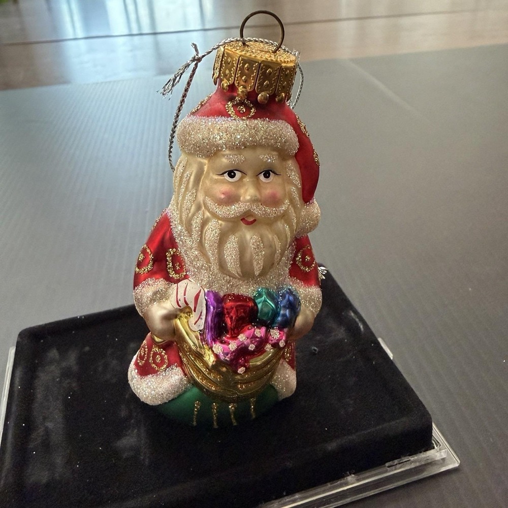 Vintage Glass Santa Ornament Glitter Basket Of Gifts 90s